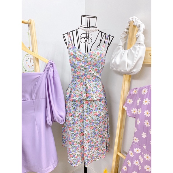 Thanh lý đầm tím hoa cúc, đầm 2 dây Maybi