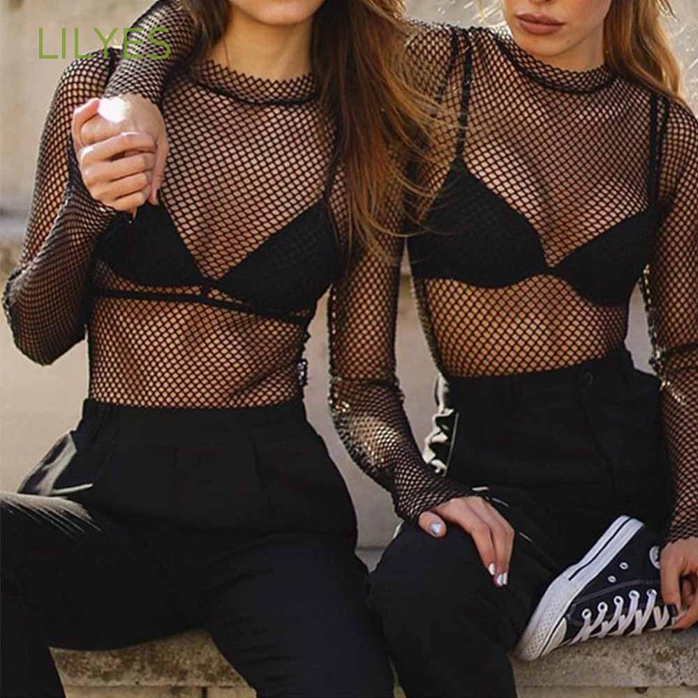 Áo Lưới Dài Tay Màu Đen Gợi Cảm Cho Nữ