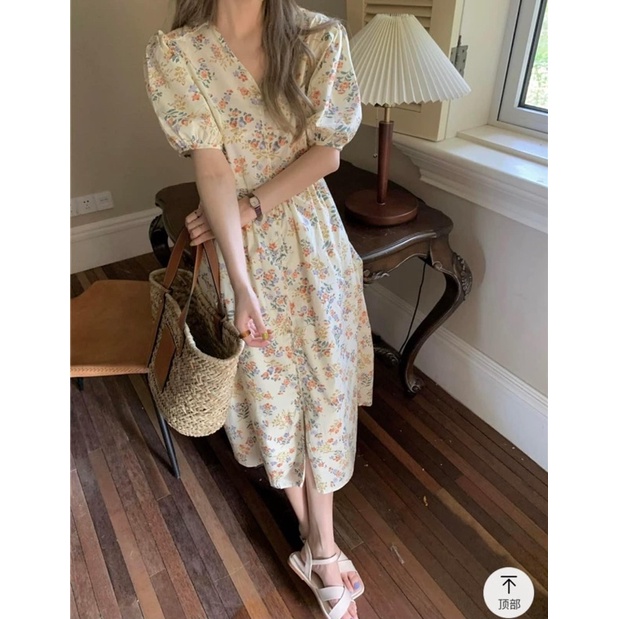 Váy Đầm Babydoll Hoa Nhí Vintage Cổ Tim Tay Lửng Chất Đũi Thô Xinh