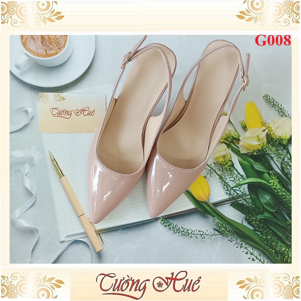 Giày Cao Gót Mũi Nhọn Da Bóng Phối Quai Dây Gài Gót Cao 8CM - Hàng Quảng Châu