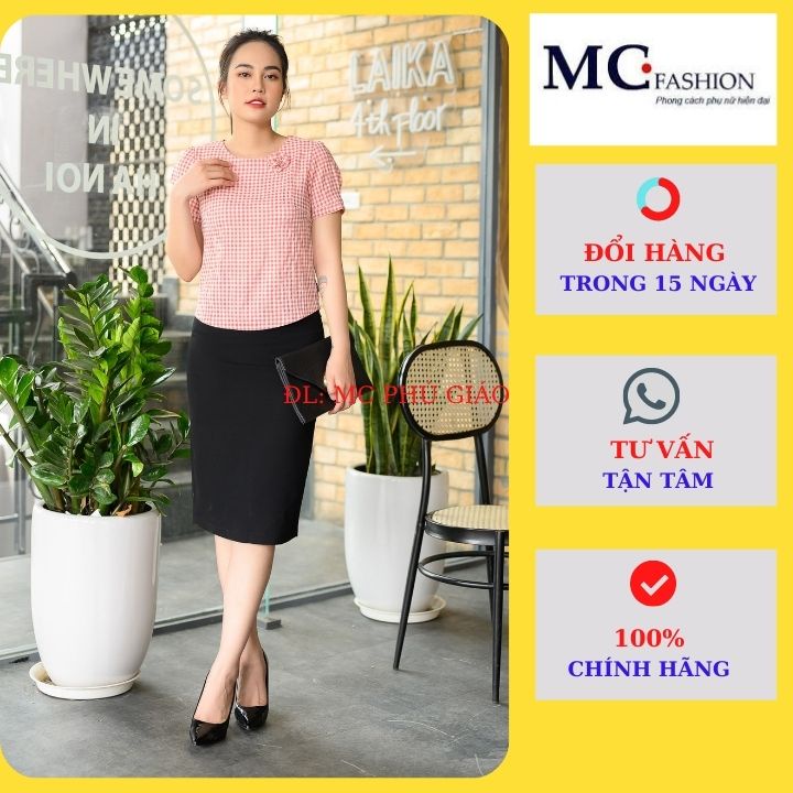 Áo Kiểu Tay Cộc Kẻ Sọc Caro Công Sở Mc Fashion Màu Cam Xanh Cổ Tròn TA971