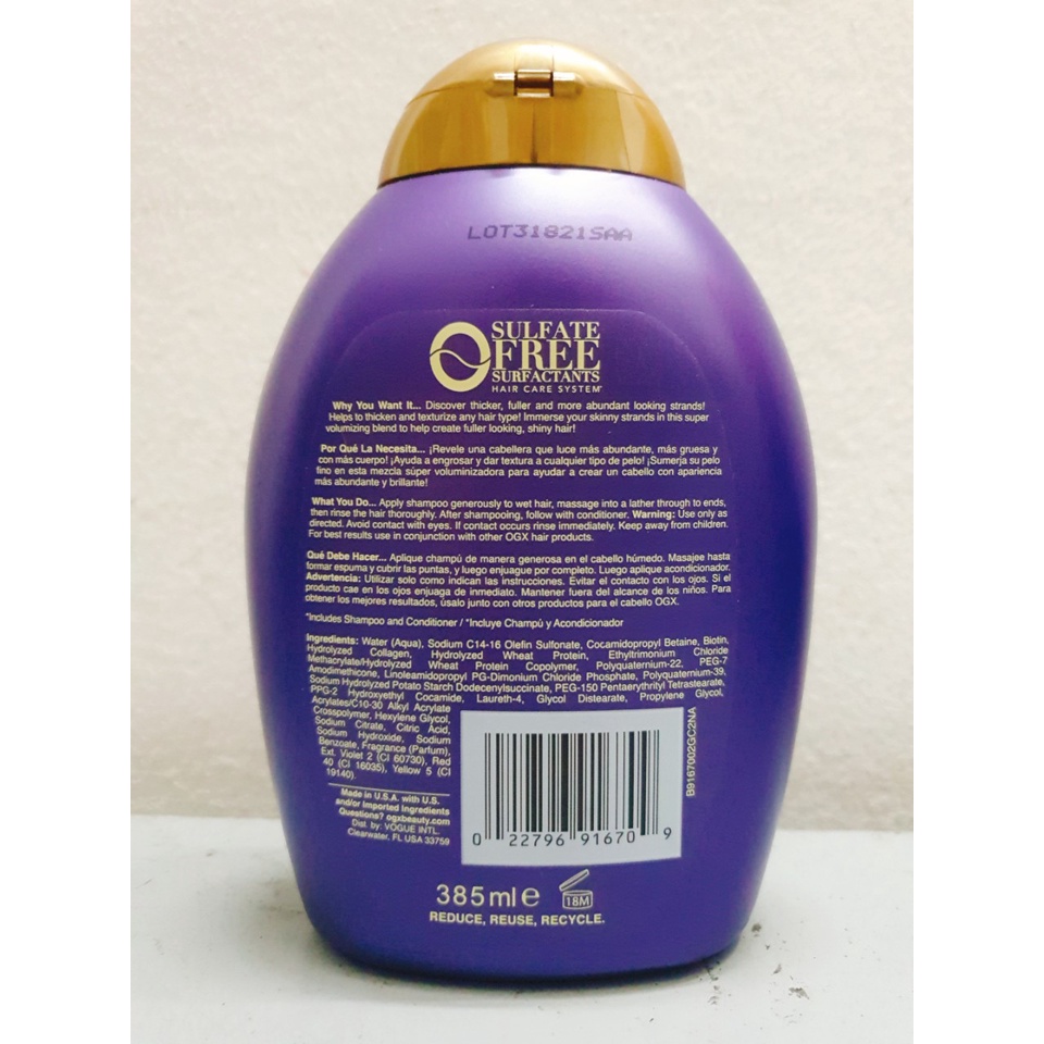 Dầu gội ogx Thick & full Biotin Collagen Shampoo chai 385 ml từ Mỹ, giảm rụng tóc