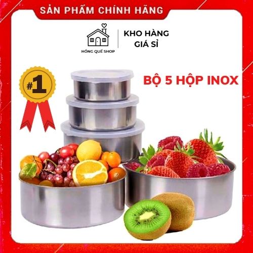 Bộ 5 Hộp Bảo Quản Thực Phẩm Inox Hình Tròn Nắp Chống Tràn Đựng Thức Ăn