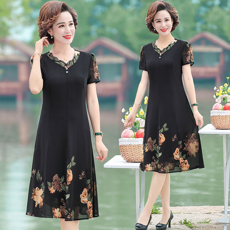 Mẹ mùa hè váy đầm nữ trung niên 40-50 tuổi voan mẫu mới