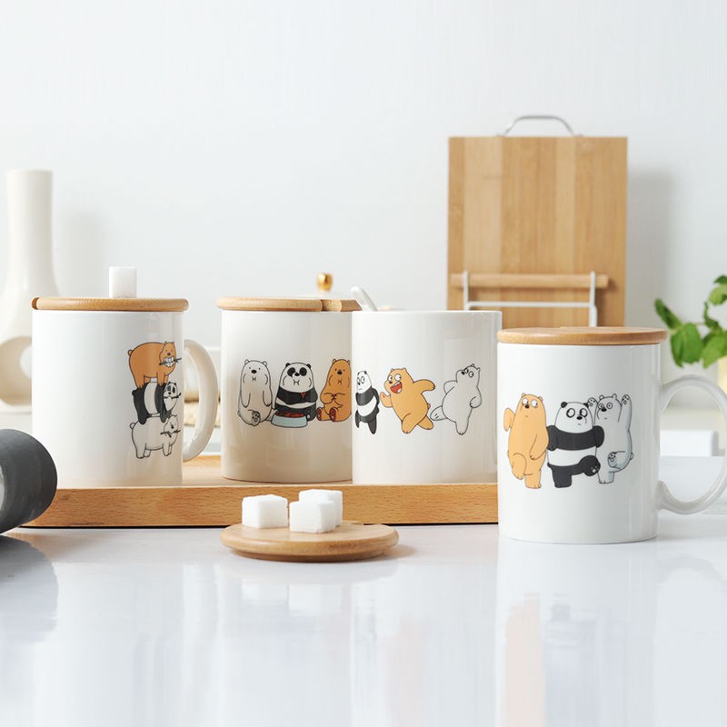 We Bare Bear Cốc Sứ Uống Nước Có Nắp Và Muỗng Hình Gấu Đáng Yêu Sáng Tạo