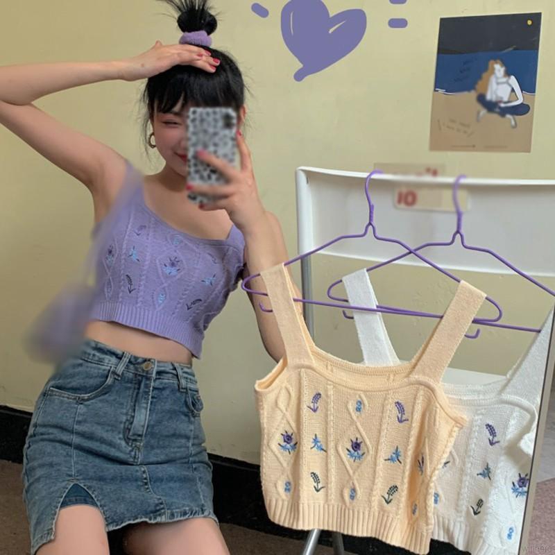 Women Knitted Tank Tops Floral Embroidery Camisole Summer Suspender Crop Top