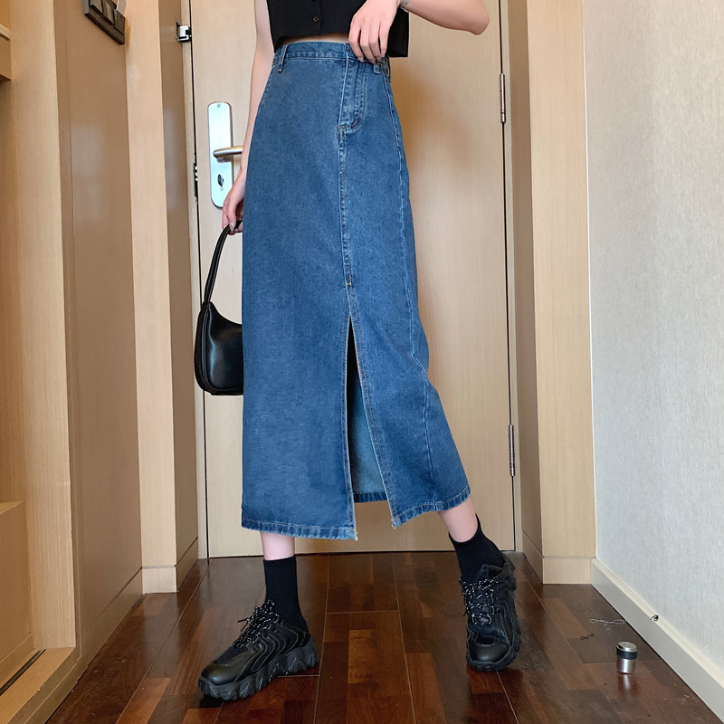 IELGY Chân váy jean dáng chữ A lưng cao thời trang retro cho nữ