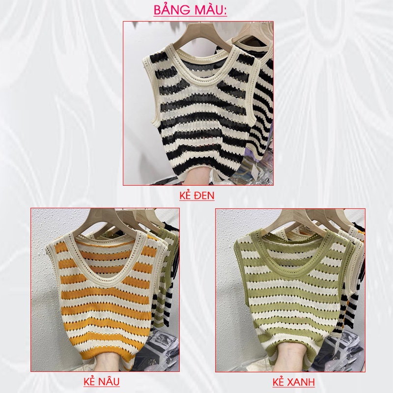 Áo Len Nữ MIN19 Áo Len Mỏng Ba Lỗ Croptop Kẻ Nữ Cổ Tròn Kiểu Hàn Quốc Form Rộng Bigsize Màu Đen Xanh Nâu Thời Trang