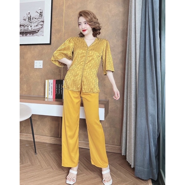 Set lam satin cổ V tay phồng xẻ tà xinh xắn, Set lam đi chùa đi lễ L3