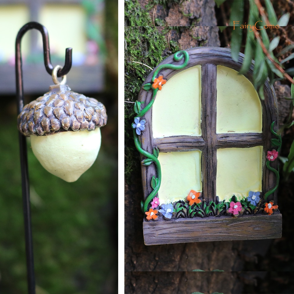 Miniature Tree Decor Fairy Garden Door and Windows Kit with Lamp Glow In The Dark Outdoor Ornament