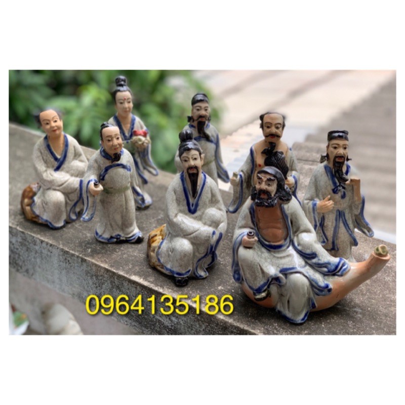 Bộ tượng tiểu cảnh Bát Tiên Quá Hải men rạn gốm sứ Bát Tràng