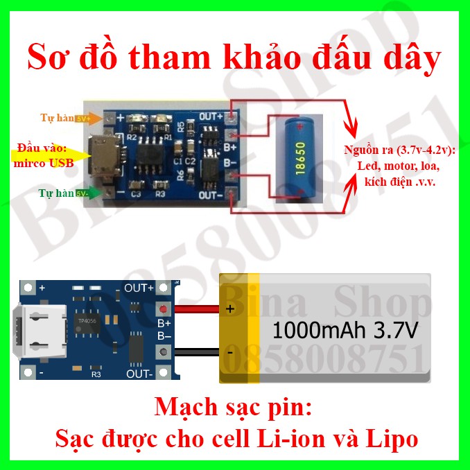 Mạch sạc pin 18650 có bảo vệ IC TP4056 / TC4056A / 4056