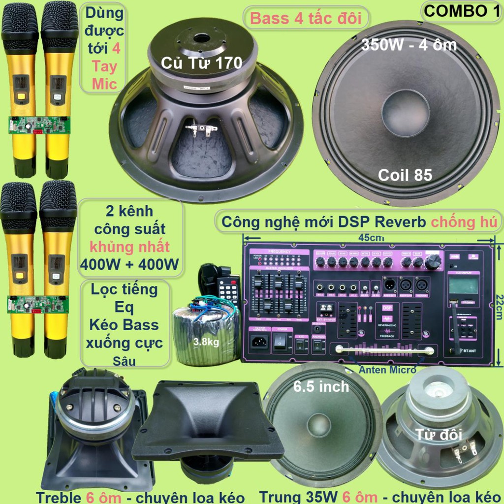 Mạch loa kéo 4 tấc đôi đỉnh cao 400W + 400W DSP Reverb Echo có chống hú - Equalizer 5 Band 2 kênh loa Bass xịn Mic vàng