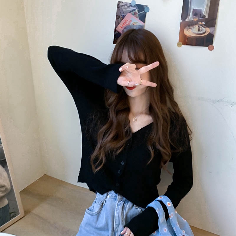 SUXI Áo cardigan đan tay dài cổ chữ V dáng thoải mái phong cách mùa hè