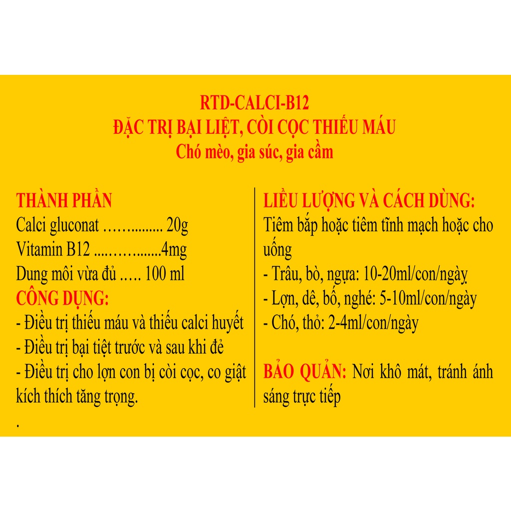 Các sản phẩm CALCI B12, Loại 100ml của các công ty RTD, công ty Vemedim; Bát ăn