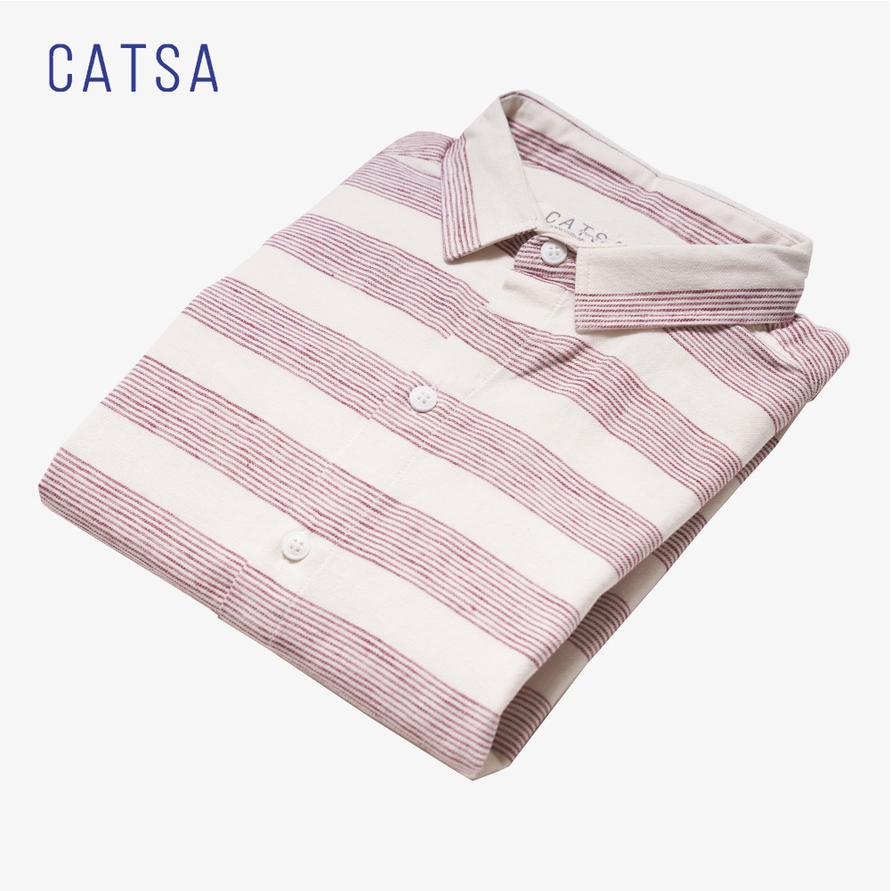 [Mã FAMALLT5 giảm 15% đơn 150K] CATSA Áo sơ mi tay dài trắng sọc đỏ ASC183