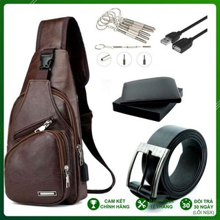 COMBO 5 in1_ Túi Đeo Chéo Da Nam Nữ_ Túi Đeo Ngực Nam Da Cao Cấp Cổng Sạc BH 44 Thời Trang Sành Điệu