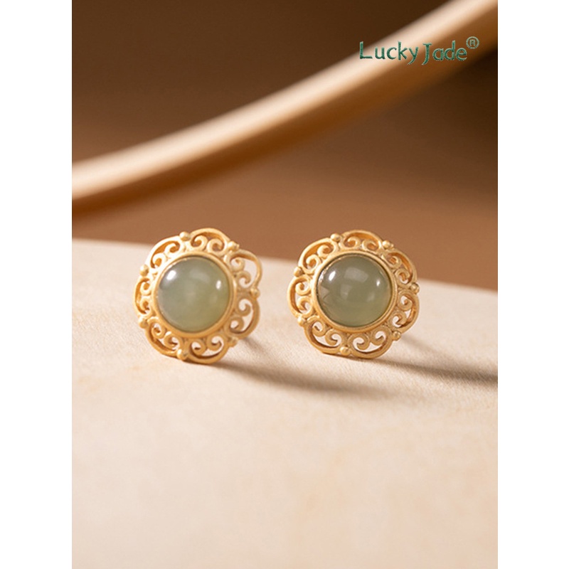 Bông Tai Bạc 925 Đính Đá Ngọc Bích Màu Xám Đỏ Cá Tính Phong Cách Vintage Dành Cho Nữ