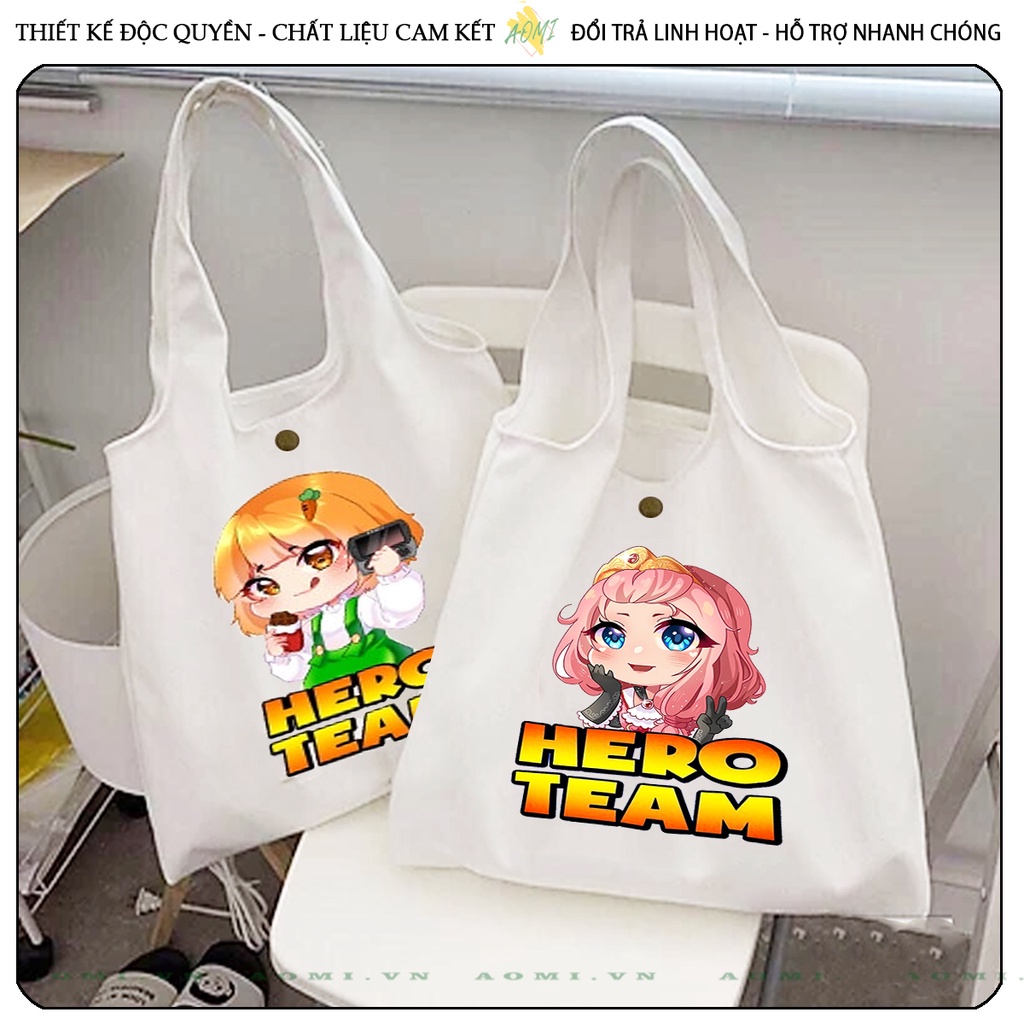 TOTE CANVAS HERO TEAM SAM SIM SIRO TIMMY KAMUI FORM TRÒN TÚI VẢI ĐEO VAI BAG NÚT BẤM SIZE LỚN AOMIVN DU LỊCH DẠO PHỐ