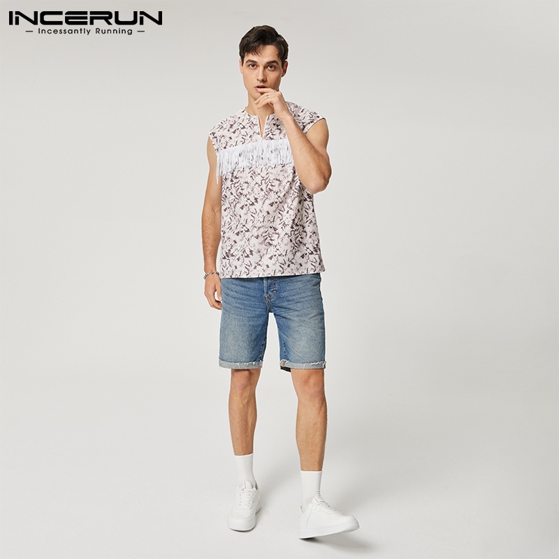 INCERUN Áo Ba Lỗ Khóa Kéo In Hoa Phối Tua Rua Phong Cách Vintage Cho Nam