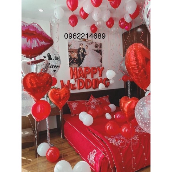 (freeship) [Tặng 100 Cánh Hoa Hồng] Sét Bóng Happy Wedding Trang Trí Phòng Cưới Tông Đỏ Trắng [ KHUYẾN + MẠI]/ lì xì tra