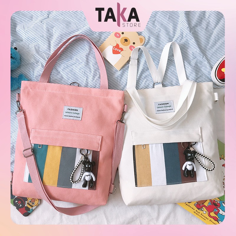 Túi vải bố canvas tote đựng đồ quần áo đeo vai thời trang nhỏ giá rẻ kèm theo con gấu TVCC45