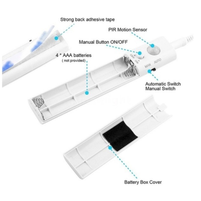 1/2/3m Dây Đèn LED Cảm Ứng Chuyển Động Chạy Pin Dùng Trang Trí Cầu Thang Tủ Quần Áo
