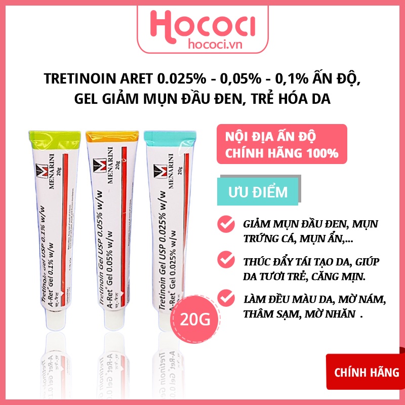 ✅[CHÍNH HÃNG] Tretinoin Aret Ấn Độ 0.025%, 0.05%, 0.1% Gel Giảm Mụn, Trẻ Hóa Da 20g