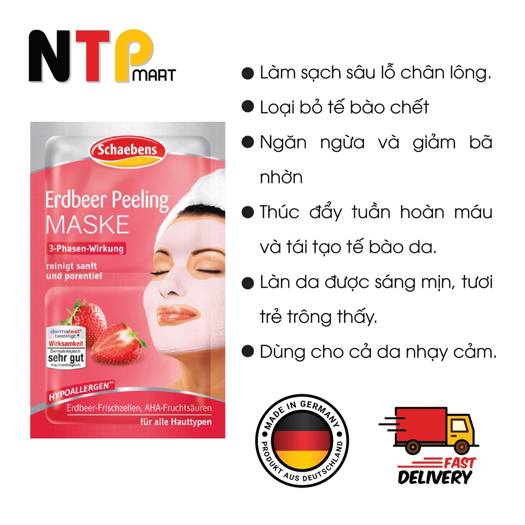 Mặt nạ Schaebens Erdbeer Peeling Maske hương Dâu Tây gói 12ml x 4 nhập khẩu Đức