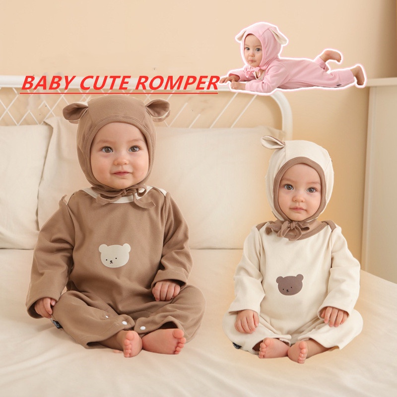 Bộ Áo Liền Quần Tay Dài In Họa Tiết Động Vật + Mũ Thời Trang Mùa Thu Phong Cách Hàn Quốc Cho Bé 0-2 Tuổi