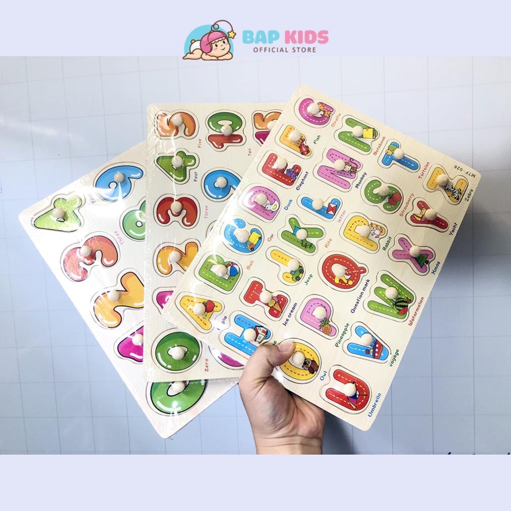 Đồ chơi giáo dục BAPKIDS, Combo 3 Bảng Núm Gỗ Chữ Cái, Số, Phép Tính