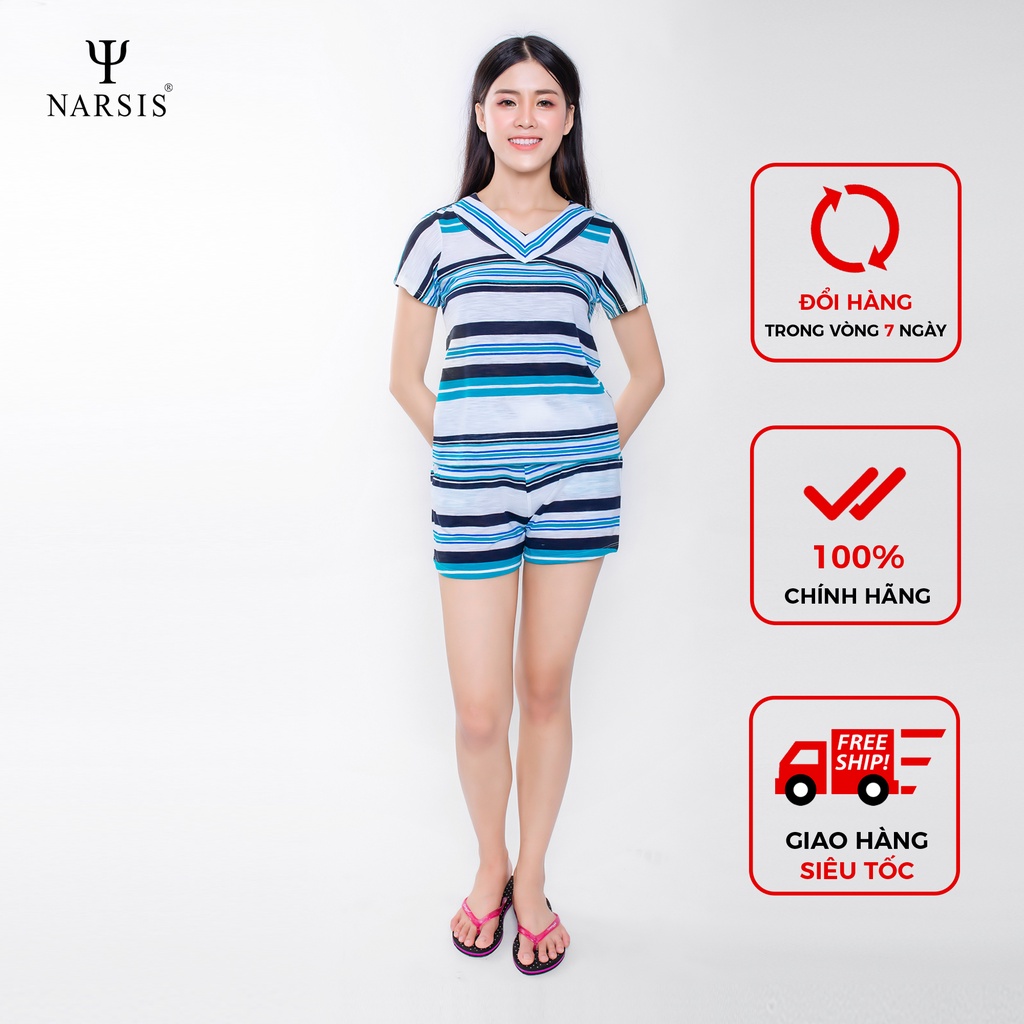 Bộ đồ nữ mặc nhà Narsis M8085 chất liệu Cotton màu trắng kẻ xanh
