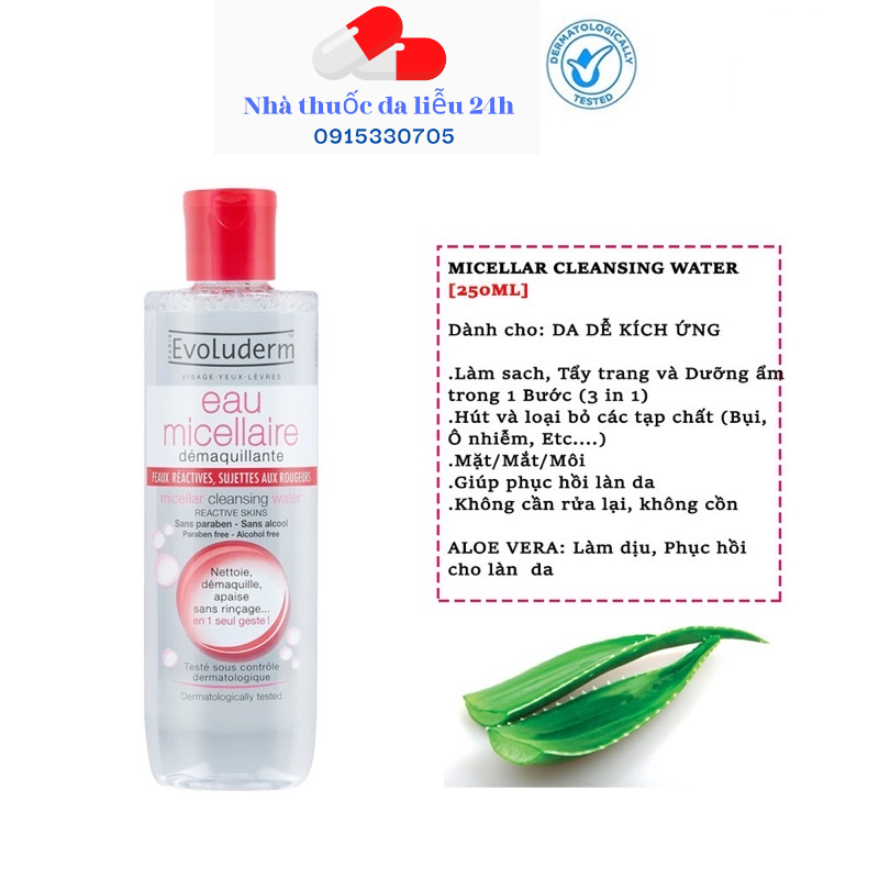 [ HÀNG NHẬP KHẨU] Nước Tẩy Trang Evoluderm Micellar Cleansing Water 250ml - Nhà thuốc da liễu 24h Dalieu24h