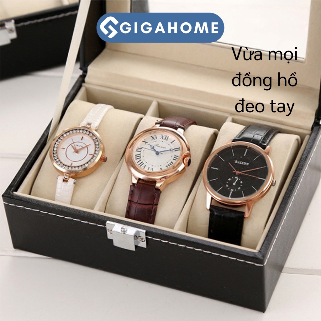 Hộp Đựng, Trưng Bày Đồng Hồ GIGAHOME 3 Ngăn, Bọc Da Pu Có Kính Trong Suốt, Khóa Chốt 1005