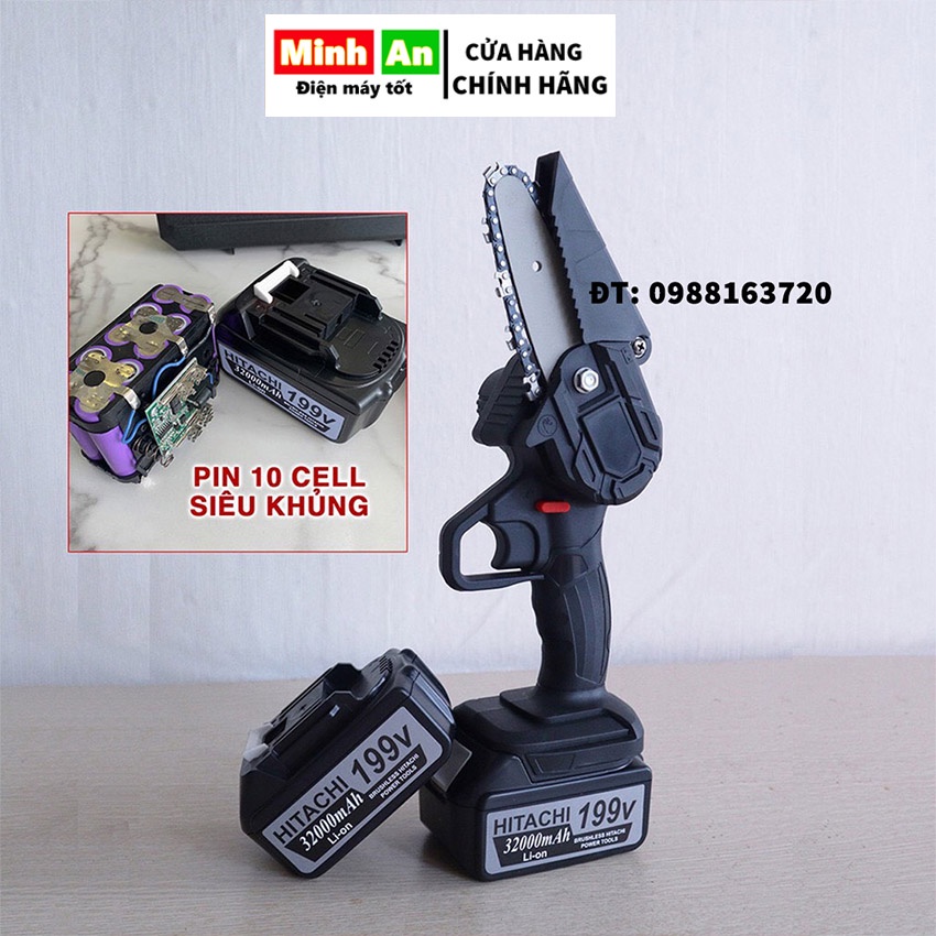 Máy cưa xích cầm tay, máy cưa mini dùng pin HITACHI 199V pin khủng 10cell cưa gỗ cầm tay máy siêu khỏe BẢO HÀNH 6 THÁNG