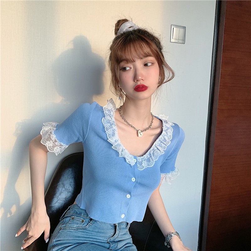 Áo dệt kim tay ngắn phối ren dáng ôm phong cách mùa hè thời trang cho nữ