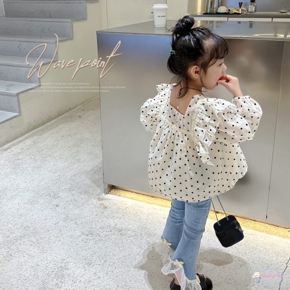 2pcs Set Baby Girls Suits Girl Floral Top + Cowboys Long Pant Wild Polka Dot Tops Long Trouser