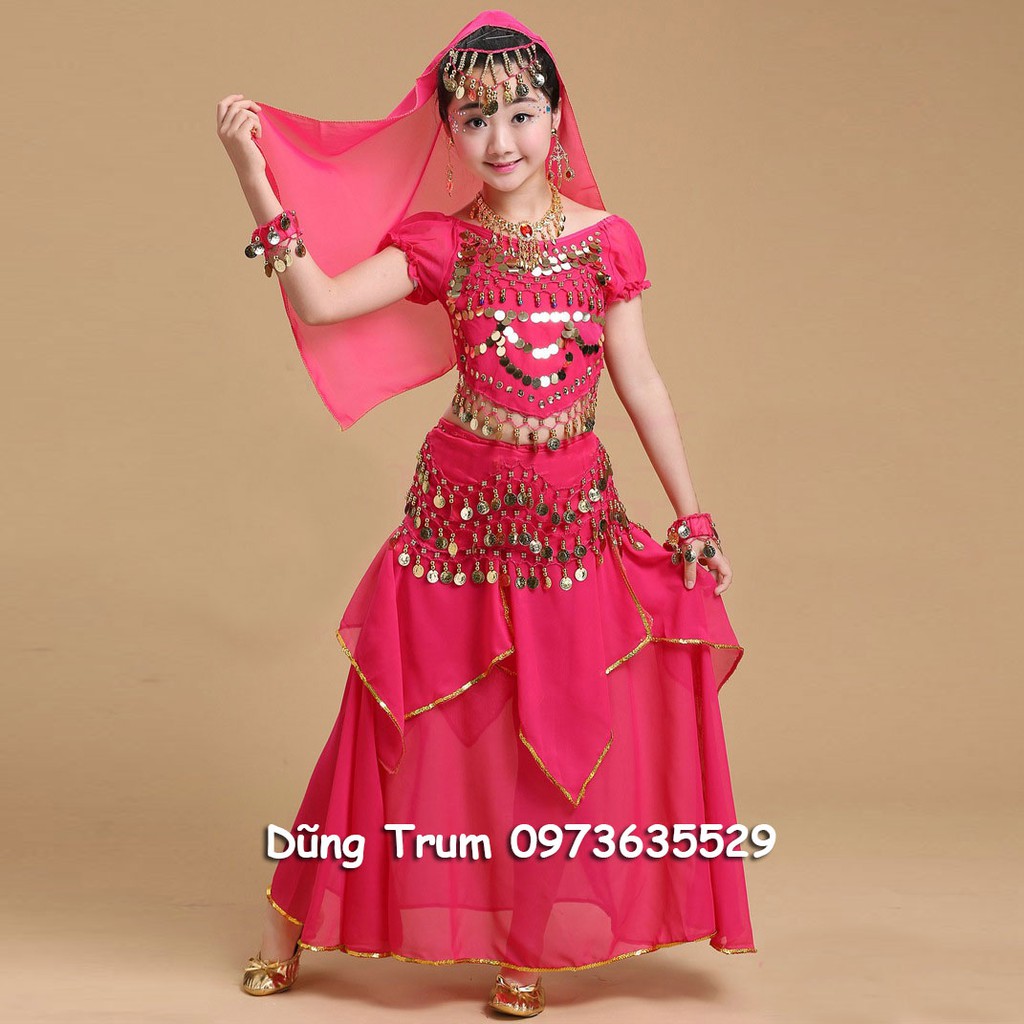 Trang phục váy Ấn độ múa trẻ em mẫu Váy kết hợp Áo cộc tay cực đẹp