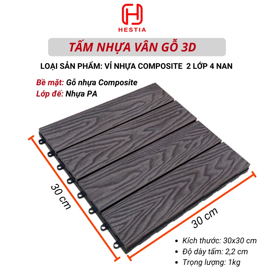 Luxury - Vỉ Nhựa Lót Sàn Ban Công 3T Vân Gỗ 3D - Loại 2 Lớp 4 Nan Nhựa Composite Siêu Bền