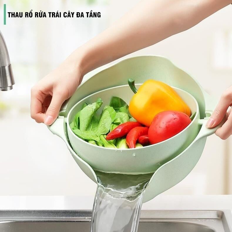 Bộ Thau Rổ Rửa Trái Cây, Rau Củ Đa Tầng Bằng Nhựa Lúa Mạch Nhiều Màu