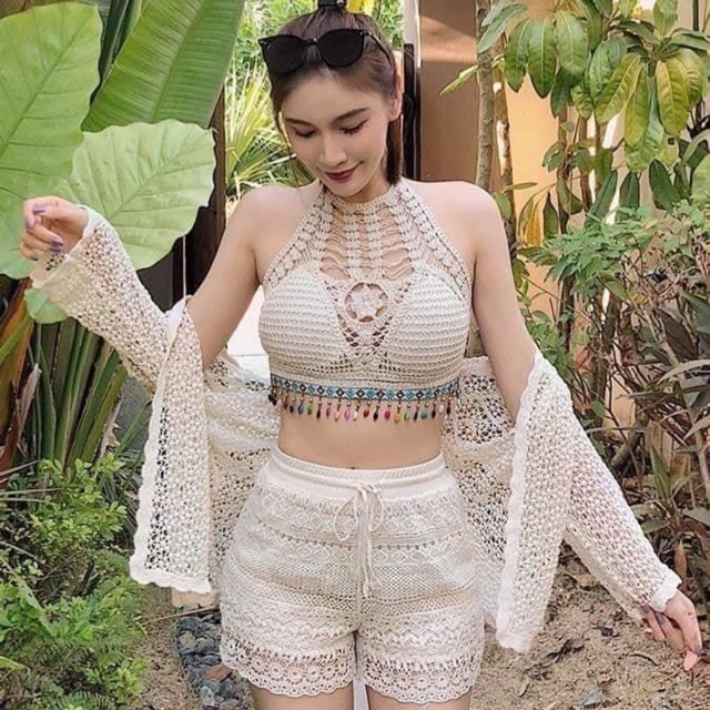 (Hàng sẵn) Đồ bơi, Bikini, đồ điên biển, bộ tắm . Set 3 len móc Siêu Hót . Có ảnh thật