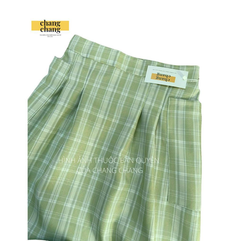 Váy Che Nắng Lưng Thun Cài Nút CHANG CHANG, Quây Che Nắng Thời Trang Nâu Caro Xếp ly