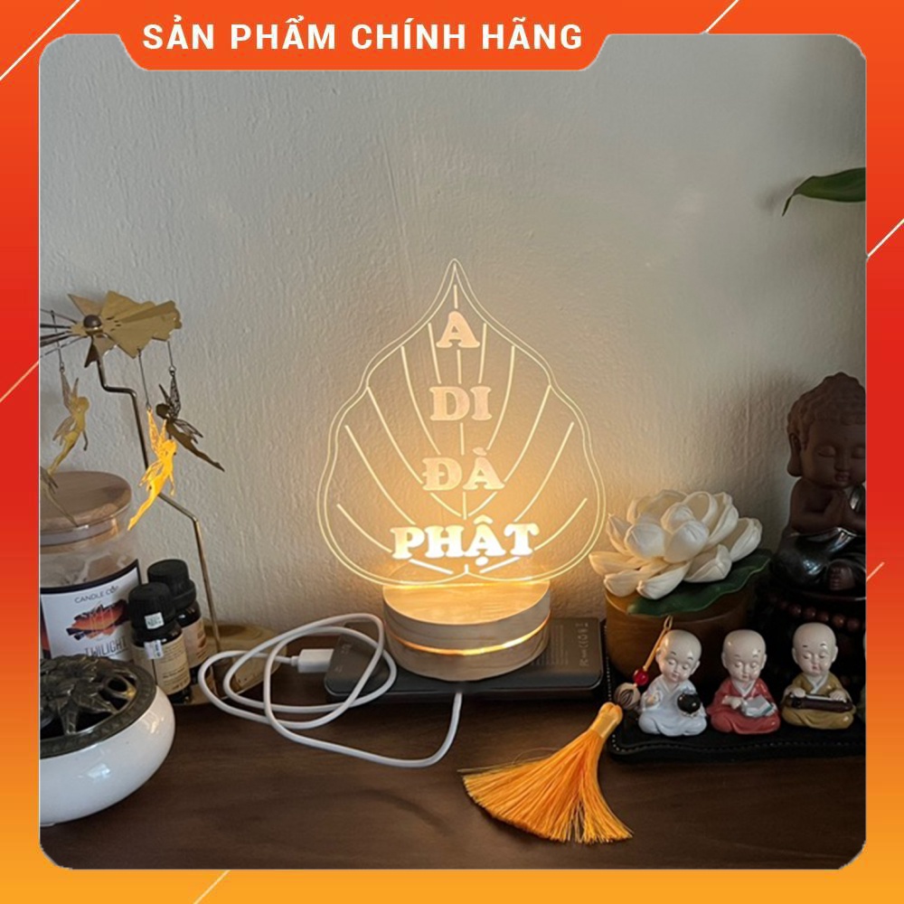 Đèn Thờ Phật Giáo - A Di Đà Phật Hình Lá Bồ Đề - Đế Gỗ Cao Cấp