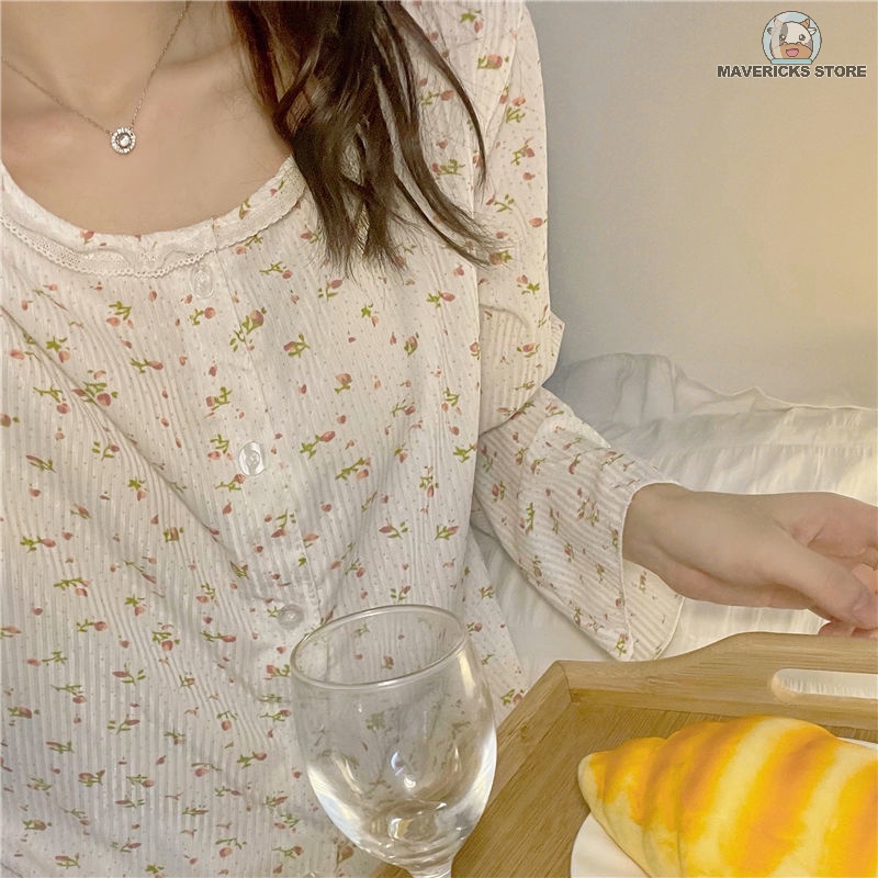 Bộ đồ ngủ tay dài in họa tiết hoa phong cách Hàn Quốc thời trang xuân thu cho nữ