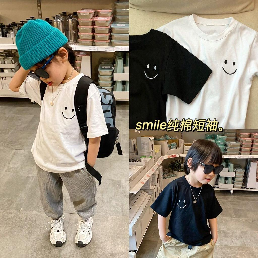 Áo thun tay ngắn 100% Cotton dáng rộng in hình mặt cười phong cách hàn quốc cho bé