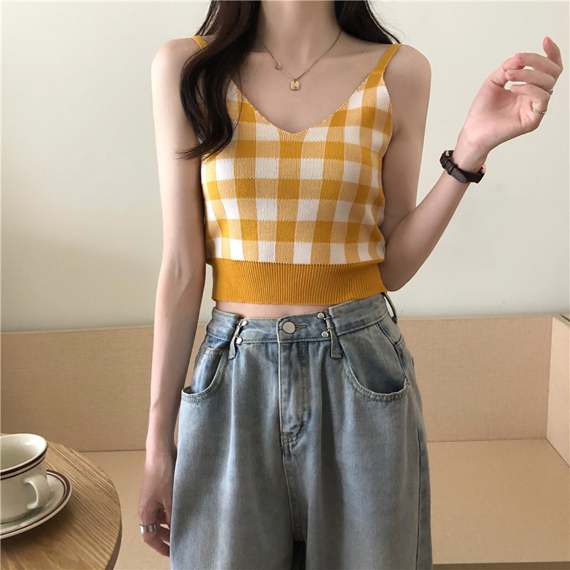 Áo sát nách cổ chữ V họa tiết kẻ ca rô trẻ trung cho nữ