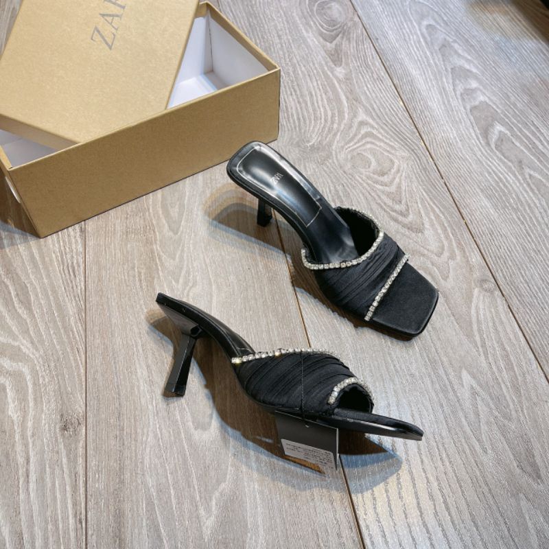 (ẢNH THẬT) guốc 7p Zara Quai Lụa Viền Đá Da Mềm Êm Fullbox Tem Hãng Cao Cấp