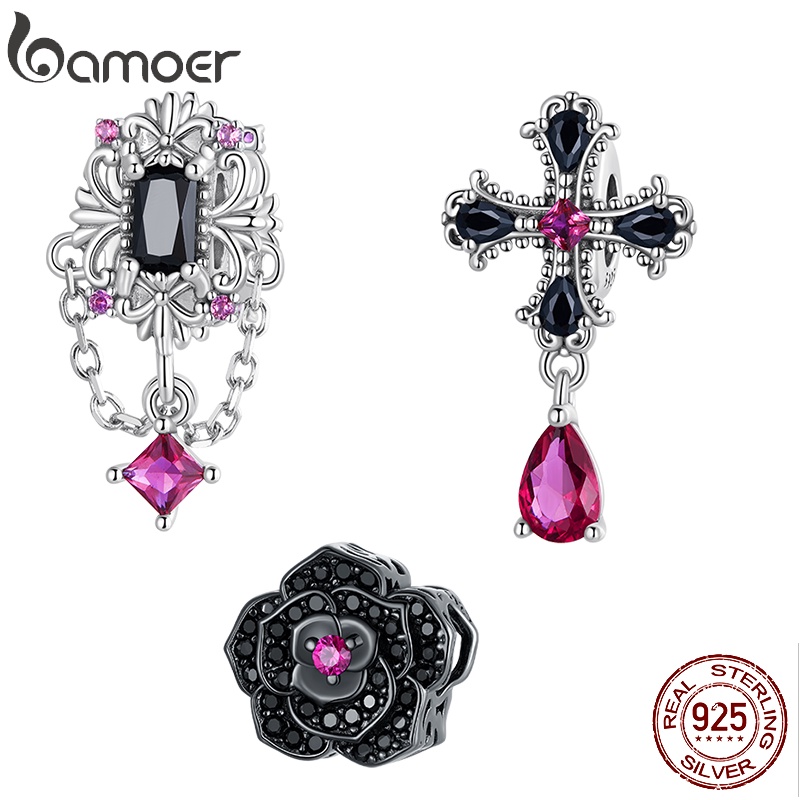 BAMOER Hạt Xâu Chuỗi bạc 925 Hình Hoa Hồng Đen