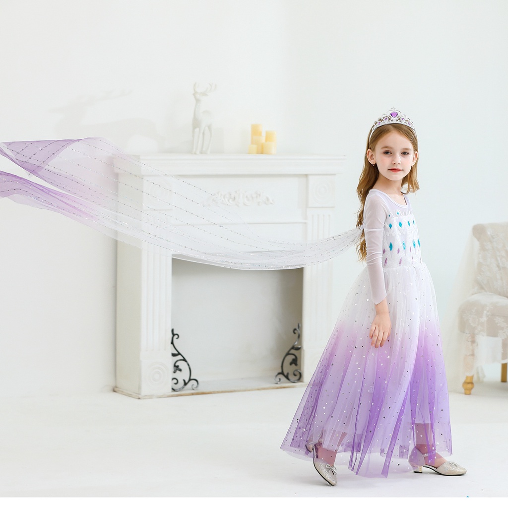 Váy elsa cho bé gái 3-10 tuổi Frozen 2 mẫu váy tay dài kèm tà dài cho bé