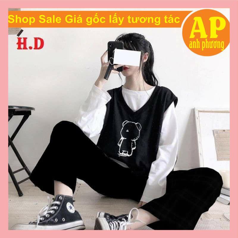 bộ nữ áo sweater thun dài tay + quần ống rộng + gile giá rẻ